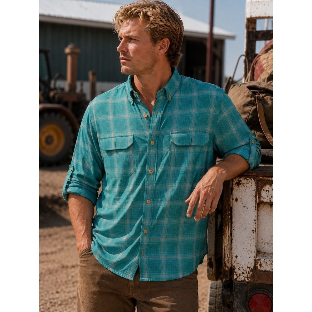 Duluth Trading Untucked Men's XL Long Sleeve Shirt Teal/Aqua Plaid Button Up